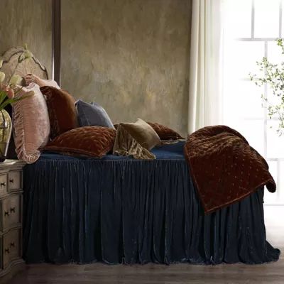 HiEnd Accents Stella Faux Silk Velvet Ruffle Skirt Bedspread Set with Pillow Shams, Blue, King