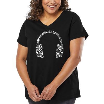 LA Pop Art Women's Plus Size Word Art V-Neck - Music Note Headphones, Black, 2X