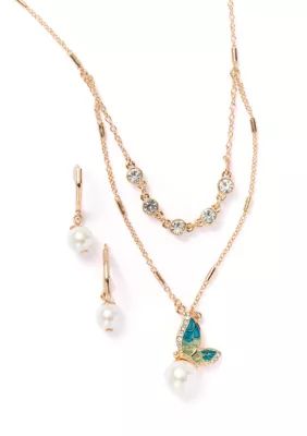 Anne Klein Butterfly Pearl Pendant Necklace and Earring Set