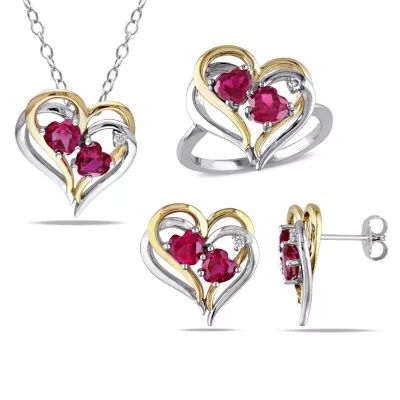 Belk & Co Lab Created 3-Pc Set of Created Ruby and 1/10 ct. t.w. Diamond Double Heart Ring, Earrings and Pendant with Chain in 2-Tone Sterling