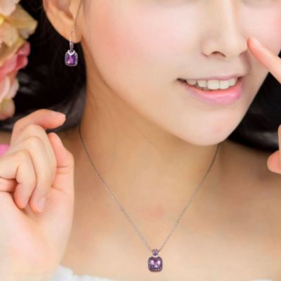 Belk & Co 2 Piece Set of Diamond & Amethyst-Africa Leverback Earrings & Pendant with Chain in Sterling Silver, 18", White