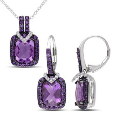 Belk & Co 2 Piece Set of Diamond & Amethyst-Africa Leverback Earrings & Pendant with Chain in Sterling Silver, 18", White