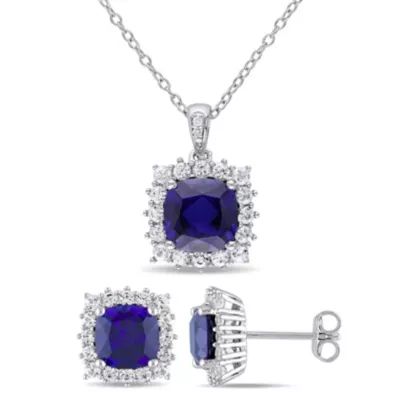 Belk & Co Lab Created 2-Piece Set of 8.60 ct. t.g.w. Created Blue Sapphire, Created White Sapphire and Diamond Accent Earrings and Pendant with Chain