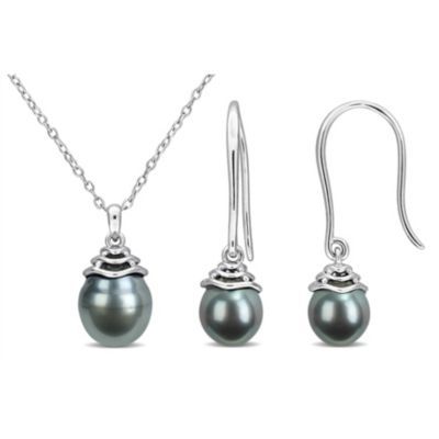 Belk & Co 2-Piece Set Of 8-9.5mm Black Tahitian Cultured Pearl Earrings & Pendant With Chain in Sterling Silver