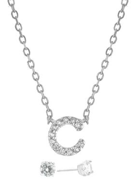 Belk Silverworks Boxed Sterling Silver Cubic Zirconia Initial C Necklace and Prong Stud Earring Set