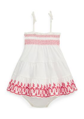 Ralph Lauren Childrenswear Baby Girls Eyelet Cotton Jersey Dress & Bloomer, White, 12 Months