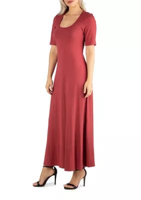 24seven Comfort Apparel Women's Elbow Sleeve A-Line Maxi Dress, Brown, 1X