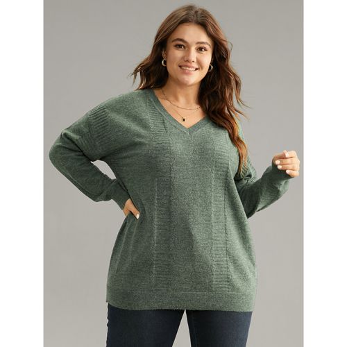 Plus Size Supersoft Essentials Plain Texture V Neck Pullover DarkGreen Women Casual Loose Long Sleeve V-neck Dailywear Pullovers BloomChic 12/L