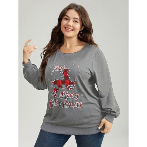 Plus Size Christmas Elk Round Neck Sweatshirt Women Gray Casual Printed Festival-Christmas Sweatshirts BloomChic 14-16/1X