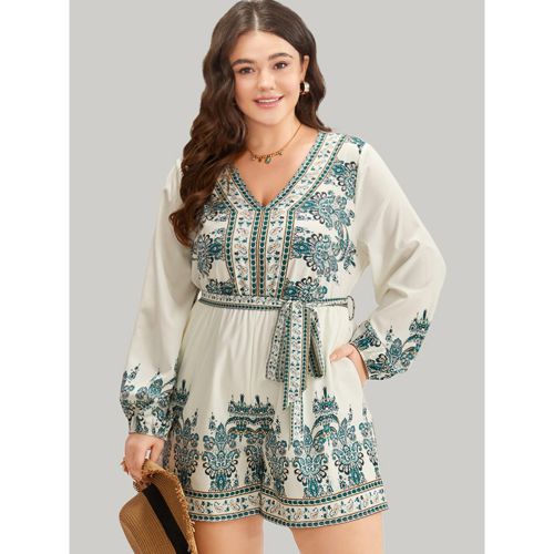 Plus Size Bandana Print Belted V Neck Romper Cyan Bohemian Print Pocket Vacation Dailywear 22-24/3X Rompers Bloomchic