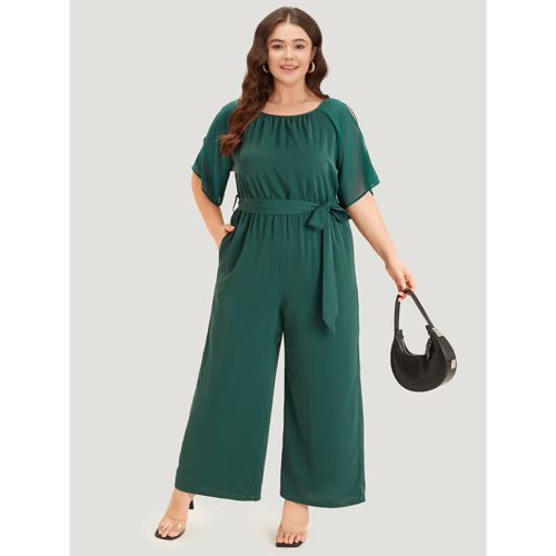 Plus Size DarkGreen Solid Belted Pocket Cut Out Zipper Jumpsuit Women Office Short sleeve Round Neck Work Loose Jumpsuits BloomChic 22-24/3X