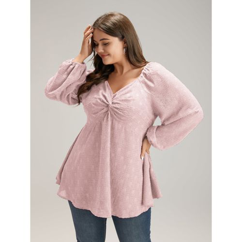 Plus Size DustyPink Solid Glitter Twist Front Gathered Blouse Women Cocktail Long Sleeve V-neck Party Blouses BloomChic 12/L