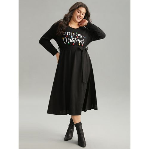 Plus Size Christmas Letter Print Elastic Waist Belted Dress Black Women Office Belted Curvy Midi Dress BloomChic 14-16/1X