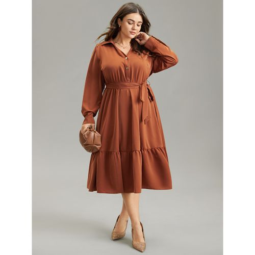 Plus Size Anti-Wrinkle Patchwork Button Up Belted Dress Rust Women Office Plain Lapel Collar Long Sleeve Curvy Midi Dress BloomChic 12/L