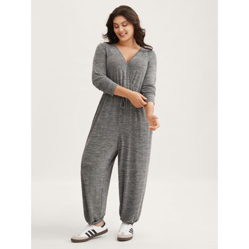 Plus Size Elastic Waist Overlap Collar Lounge Jumpsuit Black 30/6X Bloomchic