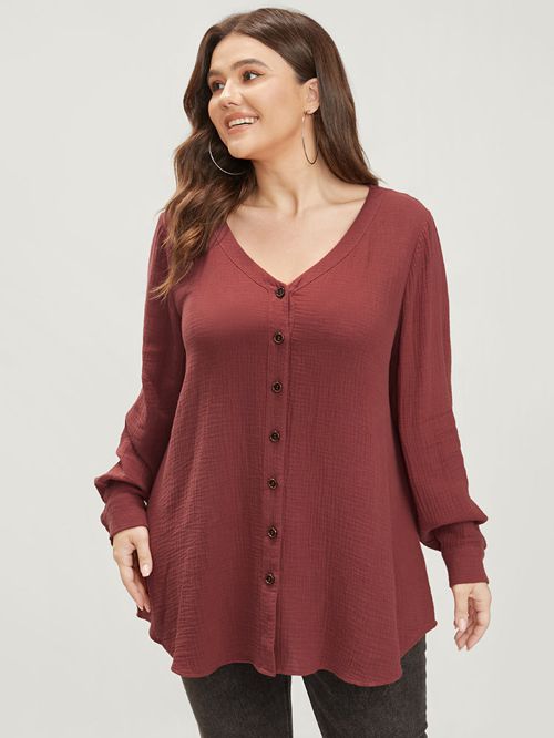 Solid V Neck Button Up Asymmetrical Hem Blouse