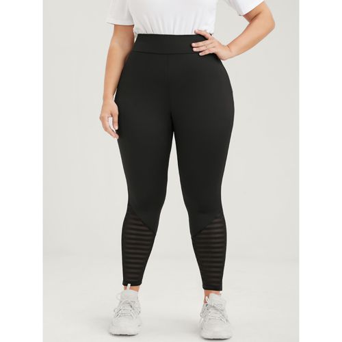 Plus Size Solid Wideband Waist Striped Mesh Patchwork Skinny Leggings Women Black Casual Medium stretch Bodycon Extra High Rise Dailywear Leggings Blo