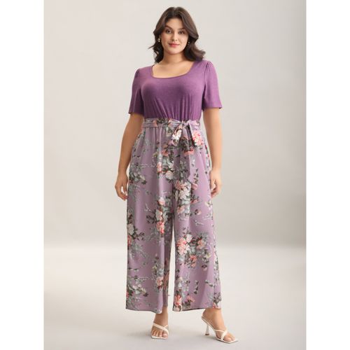Plus Size Lilac Color Contrast Belted Panel Pockets Jumpsuit Women Elegant Short sleeve Square Neck Everyday-Elegant Loose Jumpsuits BloomChic 10/M