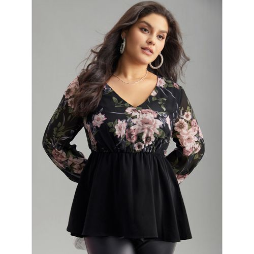 Plus Size Black Floral Print Patchwork Elastic Waist Lantern Sleeve Blouse Women Elegant Long Sleeve V-neck Going out Blouses BloomChic 10/M