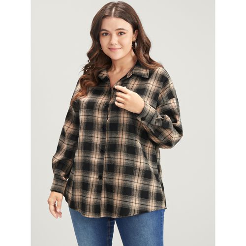 Plus Size Plaid Print Button Up Drop Shoulder Blouse Multicolor Long Sleeve Shirt collar Casual Shirts 10/M