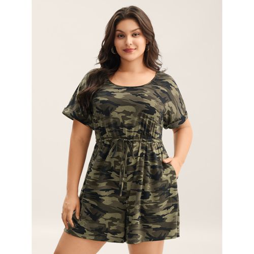 Plus Size Supersoft Camouflage Print Pockets Romper ArmyGreen Side seam pocket Everyday-Casual 30/6X Rompers Bloomchic