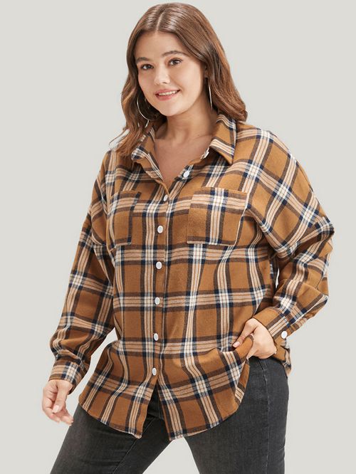 Plaid Shirt Collar Button Up Pocket Blouse