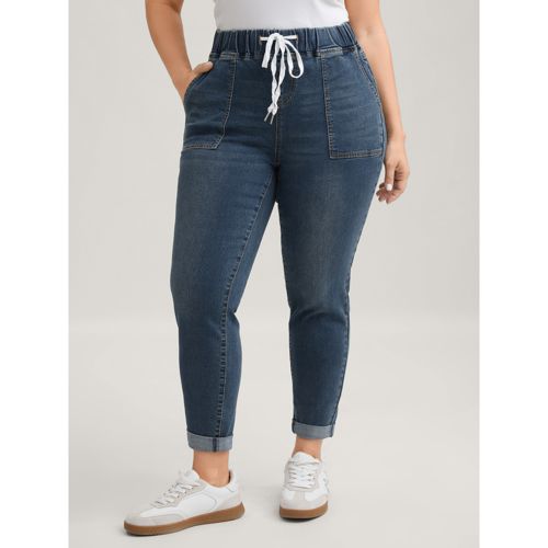 Plus Size Drawstring Elastic Waist Roll Hem Jeans Women DarkBlue Casual Plain Drawstring High stretch Slanted pocket Jeans BloomChic 28/5X