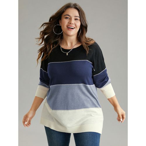 Plus Size Supersoft Essentials Colorblock Contrast Round Neck Pullover Indigo Women Casual Loose Long Sleeve Round Neck Everyday Pullovers BloomChic 1