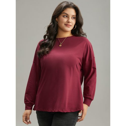 Plus Size Plain Guipure Lace Crisscross Cut Out Sweatshirt Women Burgundy Elegant Elastic cuffs Round Neck Dailywear Sweatshirts BloomChic 10/M