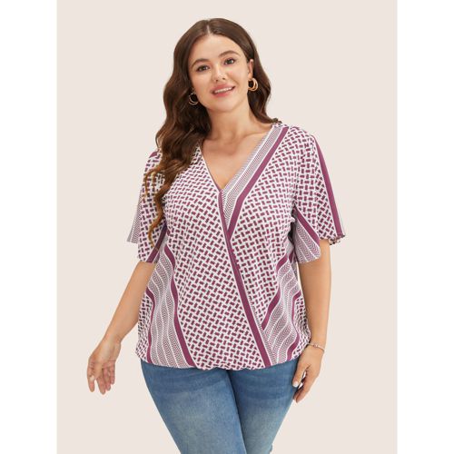 Plus Size RedViolet Geometric Contrast Ruffle Sleeve Wrap Blouse Women Resort Short sleeve Overlap Collar Vacation Blouses BloomChic 18-20/2X