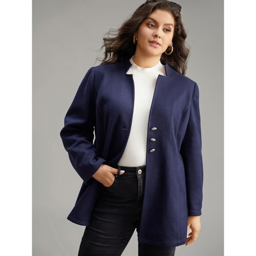 Plus Size Solid Button Up Pocket Jacket Women DarkBlue Casual Plain Ladies Dailywear Winter Coats BloomChic 18-20/2X
