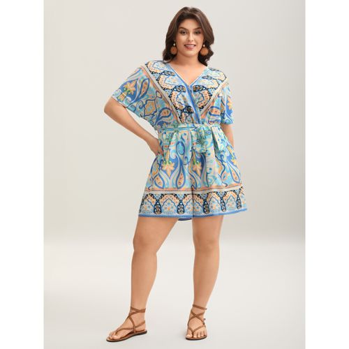 Plus Size Boho Print Tie-Waist Pockets Romper Skyblue Side seam pocket Vacation 18-20/2X Rompers Bloomchic