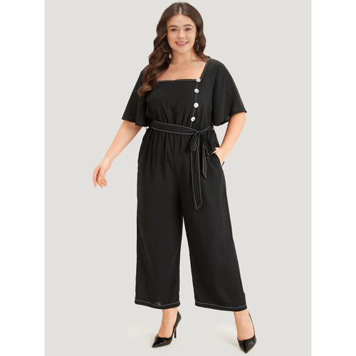 Plus Size Black Contrast Stitch Pocket Button Detail Belted Zipper Jumpsuit Women Office Short sleeve Square Neck Work Loose Jumpsuits BloomChic 28/5X