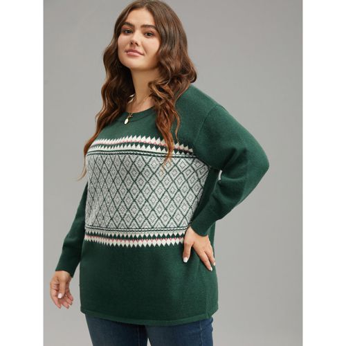Plus Size Supersoft Essentials Round Neck Geometric Pullover DarkGreen Women Casual Loose Long Sleeve Round Neck Dailywear Pullovers BloomChic 12/L