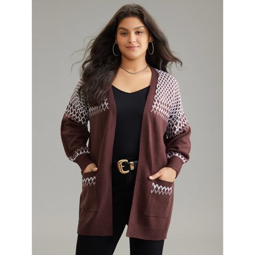 Plus Size Geometric Contrast Patched Pocket Jacquard Cardigan DarkBrown Women Casual Loose Long Sleeve Dailywear Cardigans BloomChic 30/6X