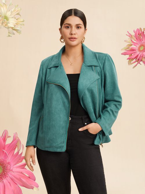 Plus Size Solid Faux Suede Zipper Lapel Collar Jacket Women Emerald Non Zippered pocket Everyday Jackets BloomChic 12/L