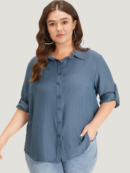 Plain Shirt Collar Button Through Tab Sleeve Blouse