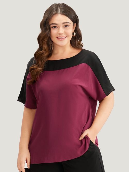 Anti-Wrinkle Two Tone Dolman Sleeve Woven Top