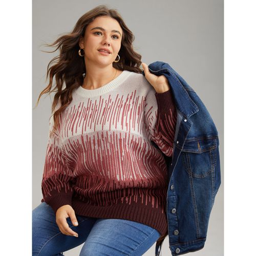 Plus Size Geometric Colorblock Crew Neck Pullover Burgundy Women Casual Loose Long Sleeve Round Neck Dailywear Pullovers BloomChic 14-16/1X