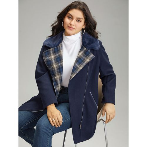 Plus Size Plaid Asymmetrical Lapel Collar Patchwork Fuzzy Trim Coat Women Indigo Casual Lined Ladies Dailywear Winter Coats BloomChic 28/5X