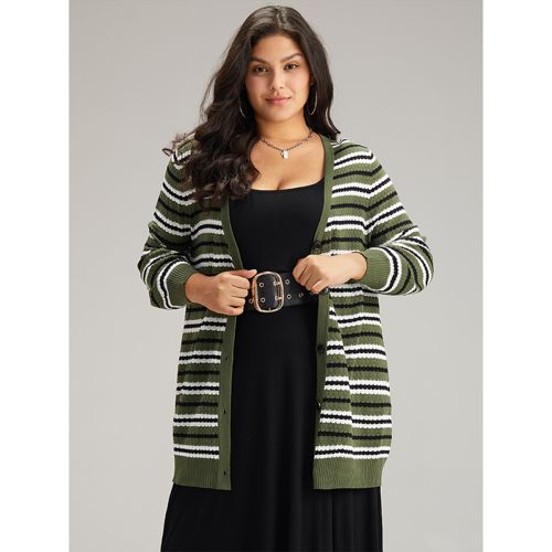 Plus Size Striped Contrast Elastic Cuffs Button Through Cardigan Multicolor Women Glamour Loose Long Sleeve Dailywear Cardigans BloomChic 14-16/1X