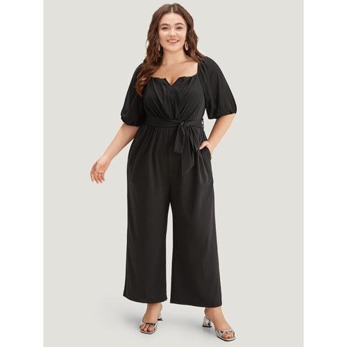 Plus Size Black Plain Square Neck Pocket Belted Zipper Jumpsuit Women Elegant Short sleeve Square Neck Dailywear Loose Jumpsuits BloomChic 28/5X