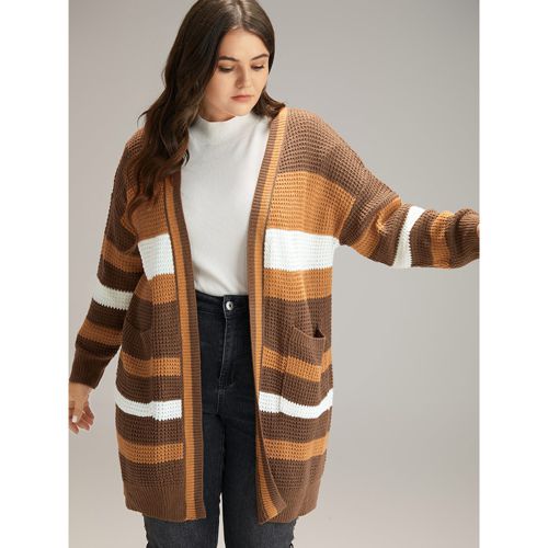 Plus Size Contrast Open Front Patched Pocket Tunic Cardigan Multicolor Women Casual Loose Long Sleeve Dailywear Cardigans BloomChic 10/M