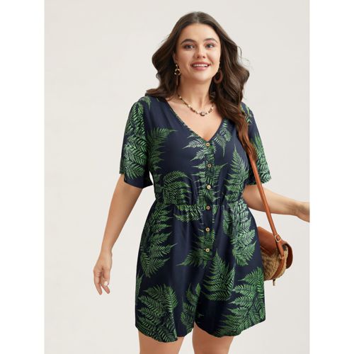 Plus Size Tropical Leaf Print Pockets Button Romper Navy Side seam pocket Resort Vacation 26/4X Rompers Bloomchic