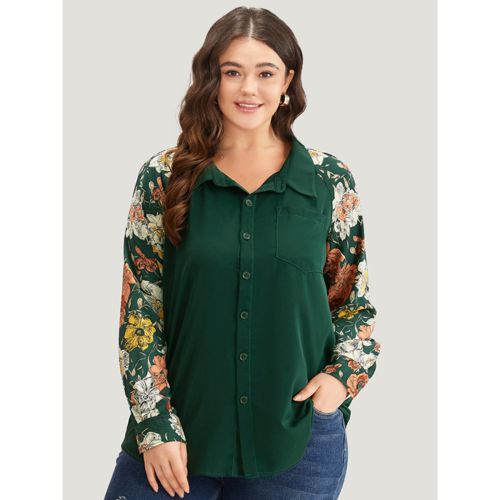 Plus Size Floral Print Patchwork Shirt Collar Blouse ArmyGreen Long Sleeve Shirt collar Elegant Shirts 26/4X