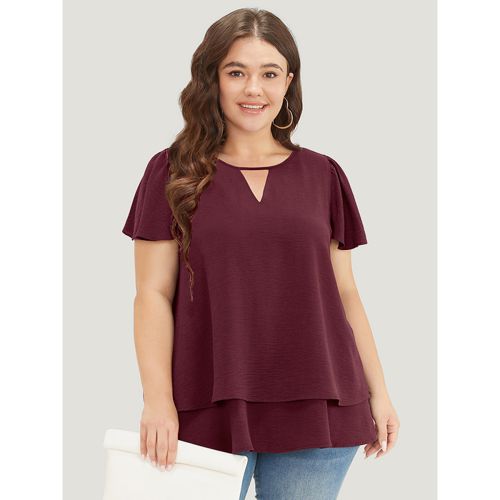 Plus Size Scarlet Solid Flutter Sleeve Keyhole Layered Hem Blouse Women Office Short sleeve V-neck Work Blouses BloomChic 30/6X