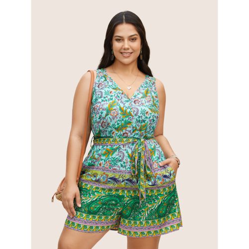 Plus Size Bandana Print Wrap Belted Ties Romper Emerald Side seam pocket Resort Vacation 30/6X Rompers Bloomchic