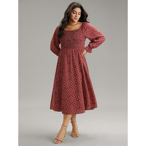Plus Size Ditsy Floral Square Neck Shirred Gathered Dress DustyPink Women Elegant Gathered Square Neck Long Sleeve Curvy Midi Dress BloomChic 18-20/2X