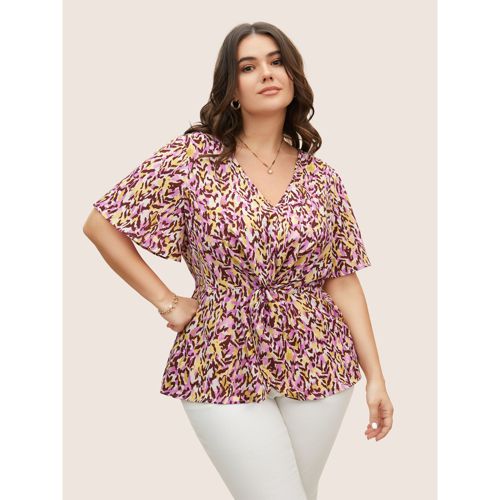 Plus Size Multicolor Leopard Print Twist Front Flutter Sleeve Blouse Women Work From Home Short sleeve V-neck Work Blouses BloomChic 12/L