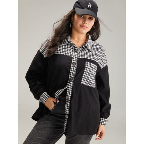Plus Size Houndstooth Patchwork Pocket Button Through Corduroy Coat Women Black Casual Contrast Ladies Dailywear Winter Coats BloomChic 18-20/2X